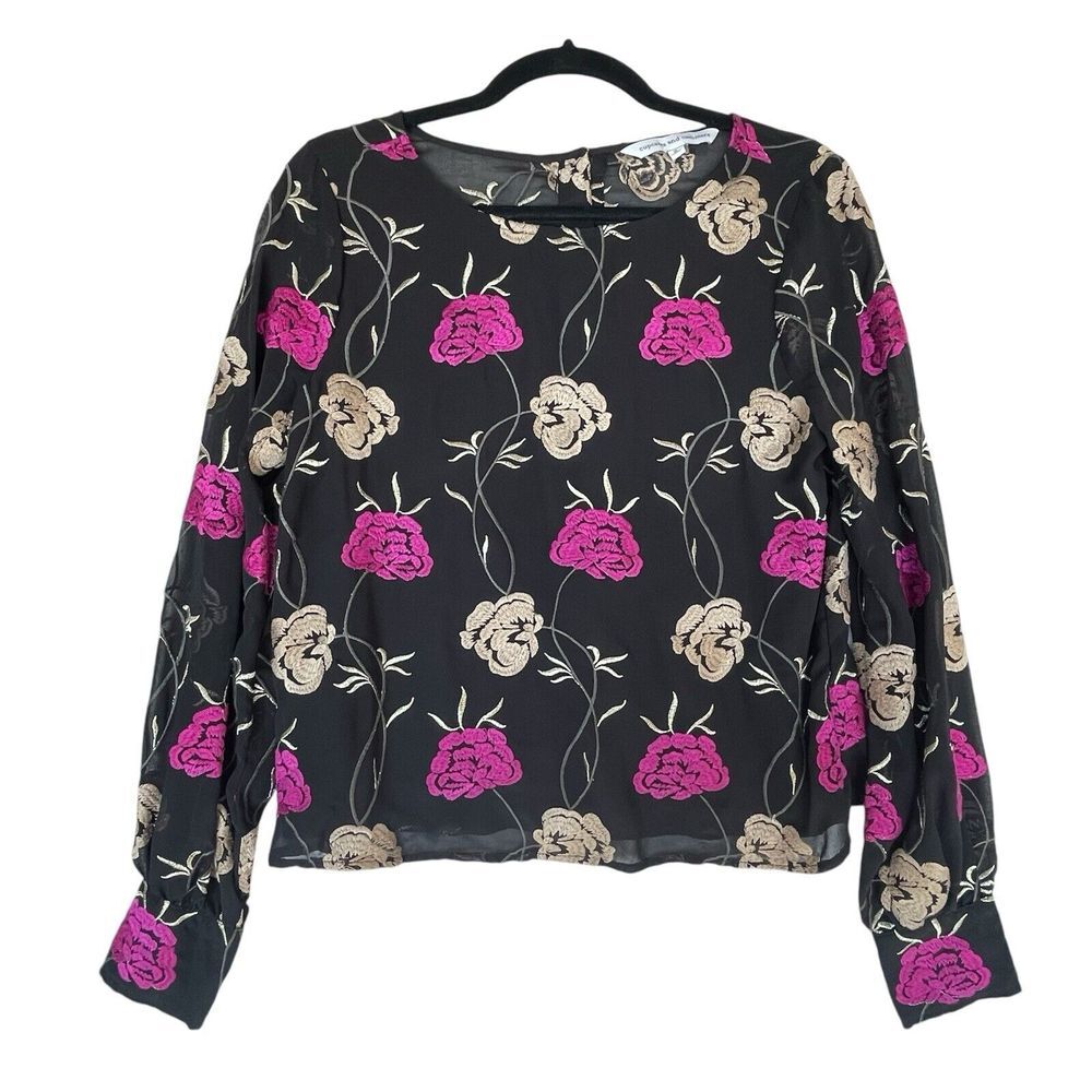 Cupcakes and Cashmere Shirt Womens Size‎ Small Black Floral Embroidered Peasant